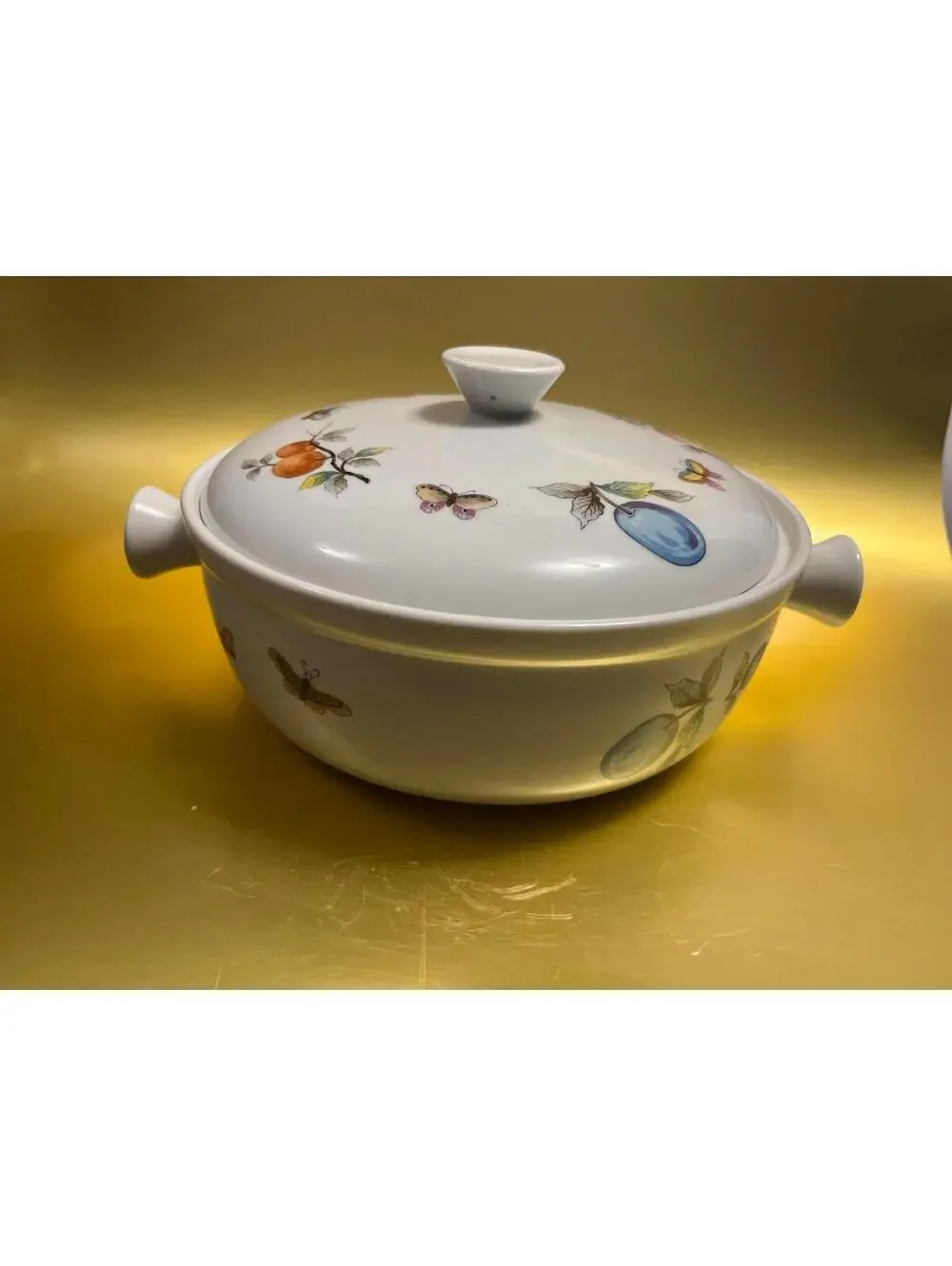 Vintage Ceramic Covered Casserole Dish with Fruit and Butterfly Motif